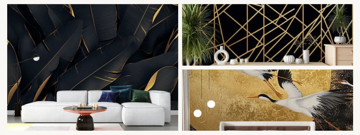 black and gold foliage wallpaper