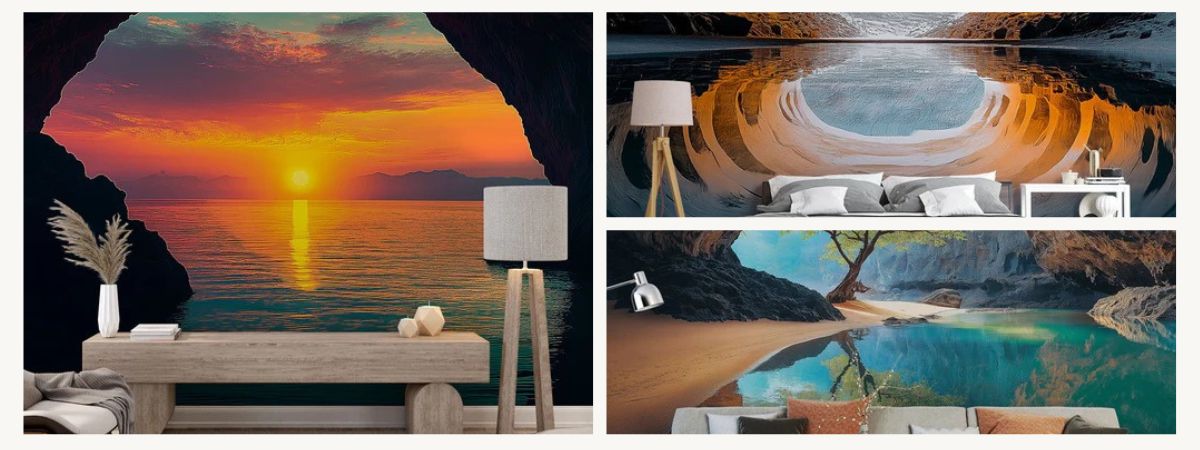 cave wallpaper in a living room