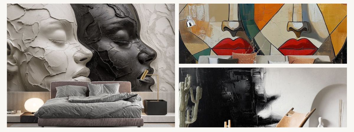 pair abstract face wallpaper with contemporary furniture