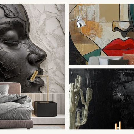 pair abstract face wallpaper with contemporary furniture