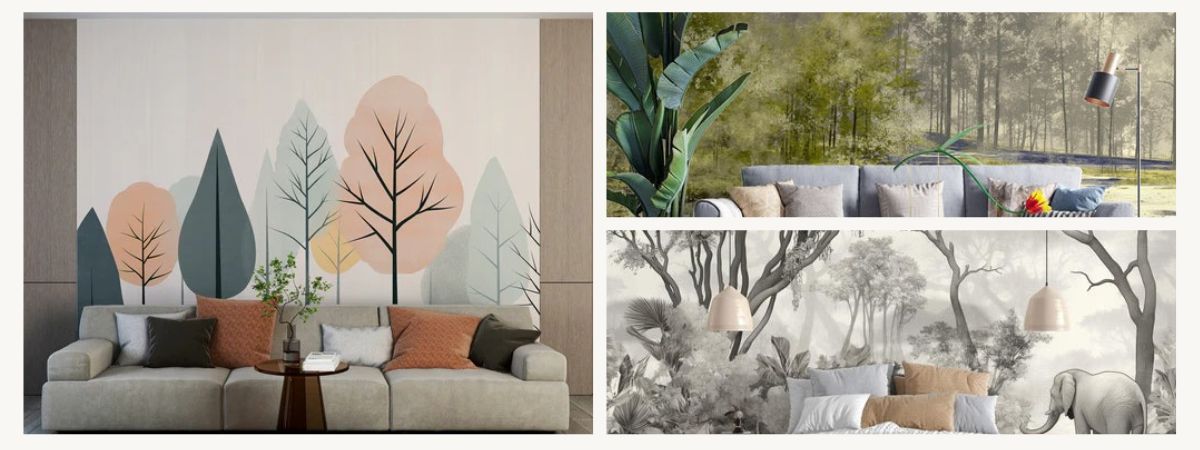 scandinave living room forest wallpaper