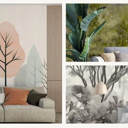 scandinave living room forest wallpaper