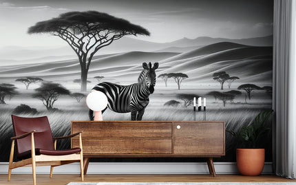 Black and white savannah mural wallpaper