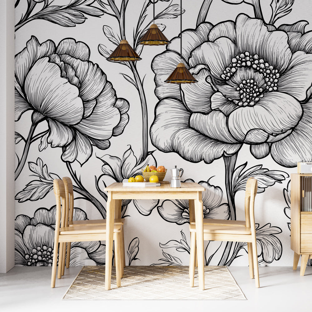 Black and White Botanical Mural Wallpaper