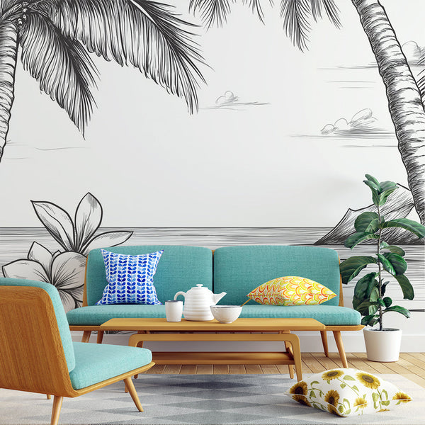 Black and White Tropical Mural Wallpaper