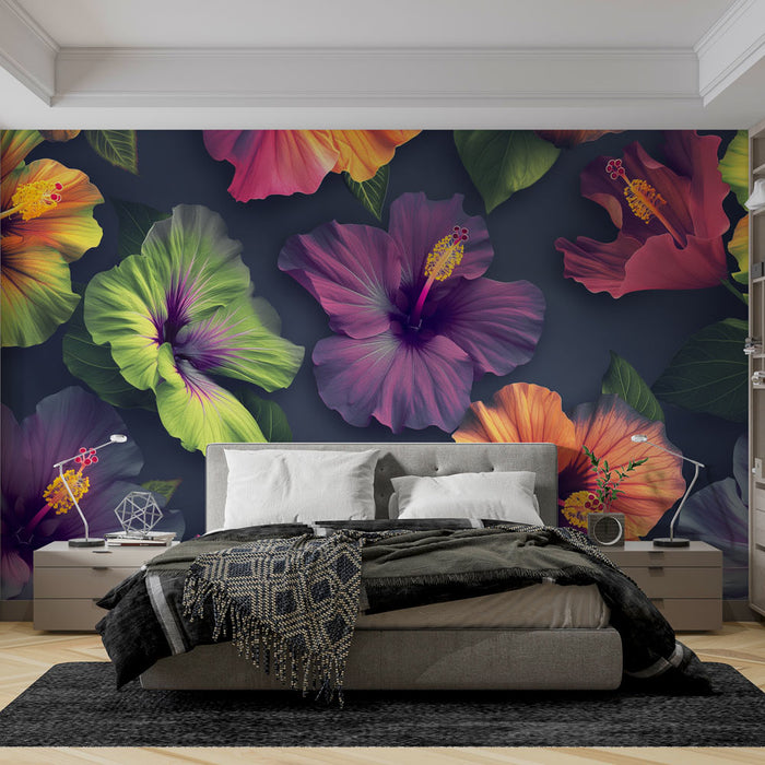 Papel de parede flores de hibisco | Paleta de cores em fundo escuro