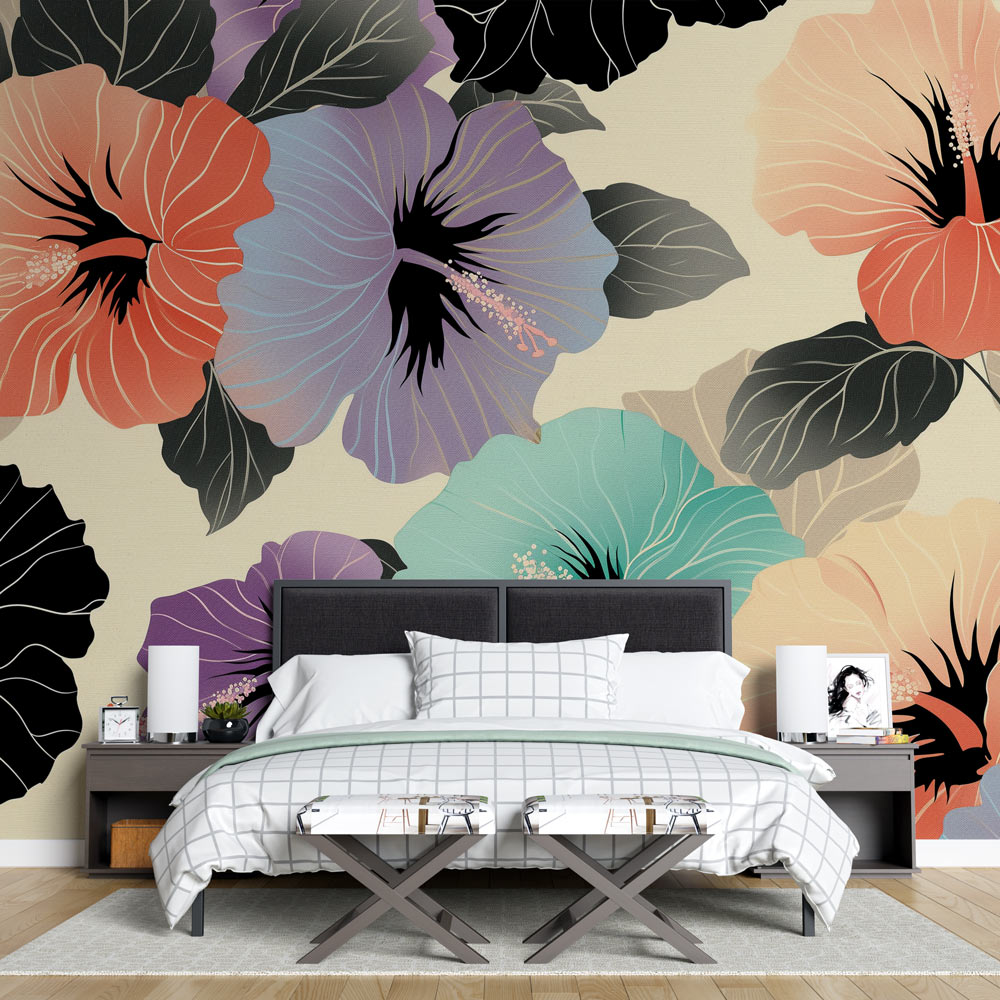 Foto Behang hibiscus bloemen | Ontwerp tussen zwart mauve en lavendel —  WonderMural, image size:1000x1000