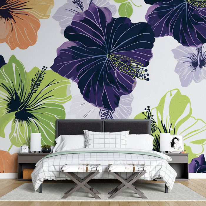 Fototapet hibiscusblomster | Tegning med grønne og lilla kontraster