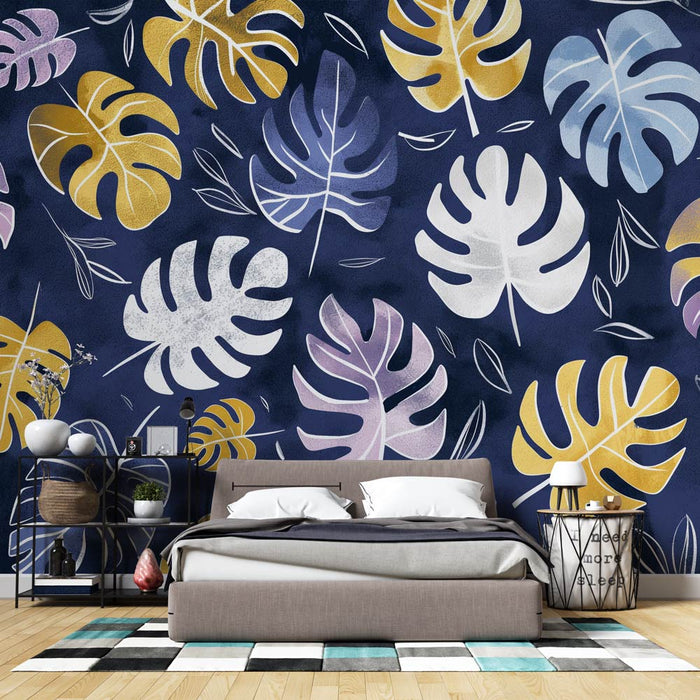 Stenska tapeta monstera | Risba listov monstere na temno modrem ozadju