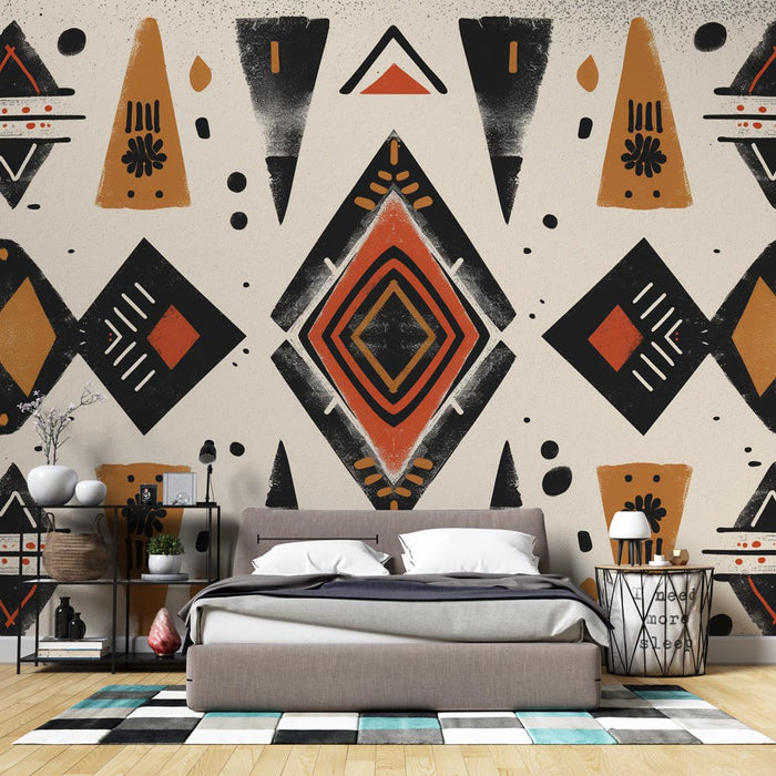 African ethnic mural wallpaper | Warm colors and black tribal patterns