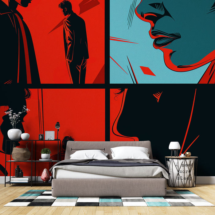 Fototapet pop art | Tegneseriefigurer i rød, blå og sort