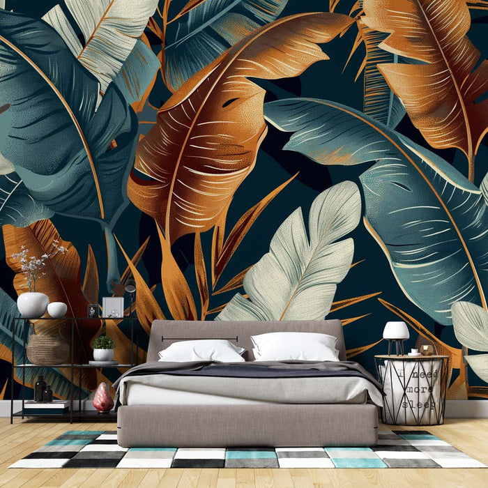 Mural Wallpaper banana leaves | Large copper and teal blue leaves