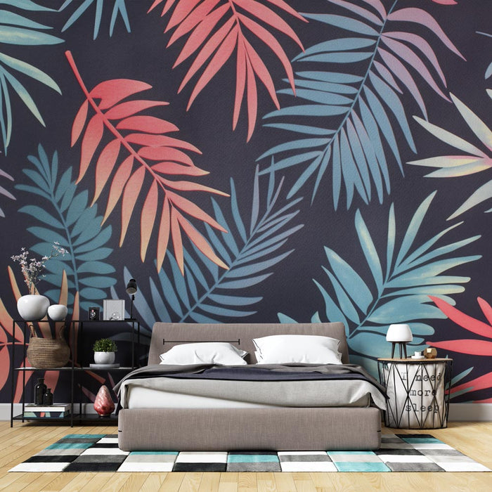 Falfestmény tapéta pálmalevelek | Kontraszt a fekete háttér és a színes levelek között