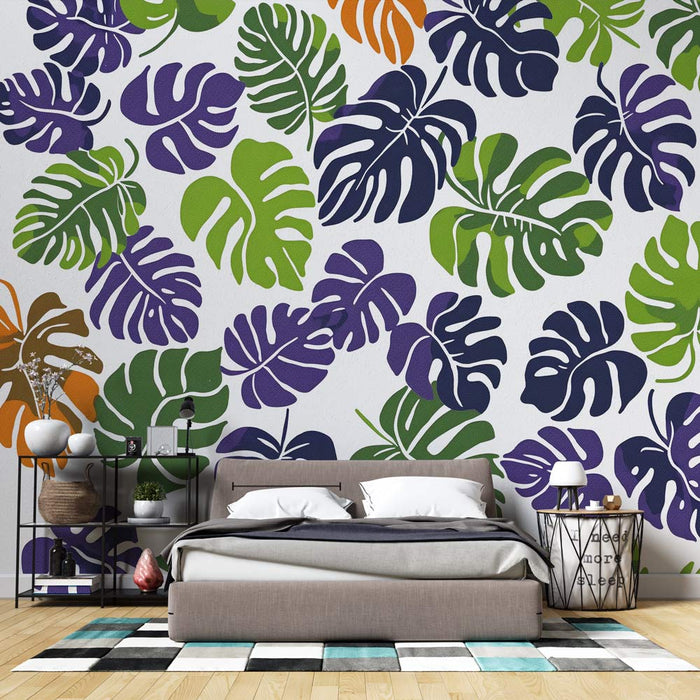 Fototapeta monstera | Risba zelenih, vijoličnih in oranžnih listov monstere