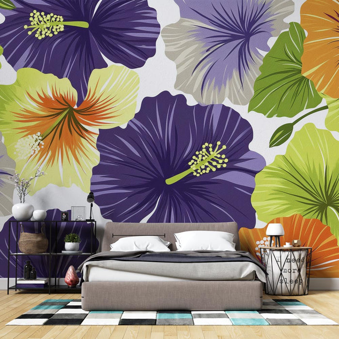 Fototapet hibiscus blomster | Store flerfarvede blomster