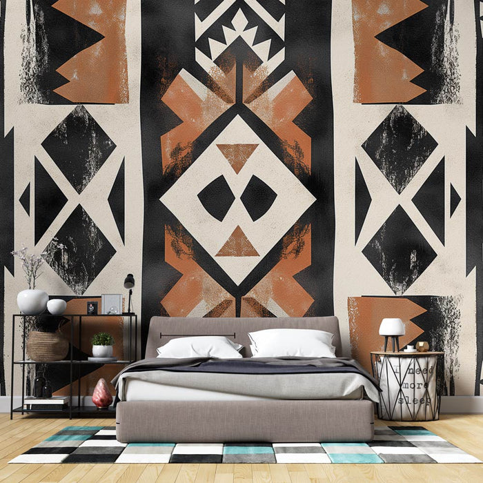 African Ethnic Mural Wallpaper | Tribal Patterns between Black White and Orange