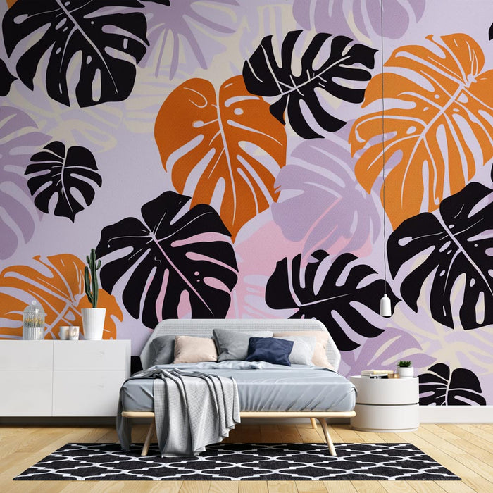 Tapetti monstera | Mustat, oranssit ja violetit monstera-lehdet