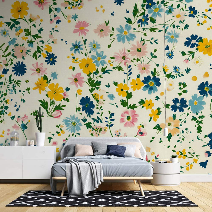 Mural Wallpaper flowers | Small yellow blue pink flowers