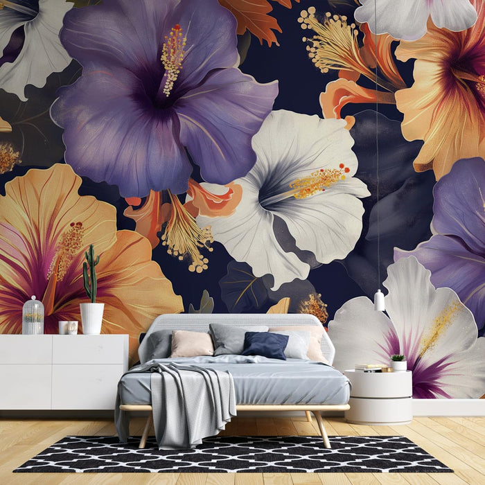Mural Wallpaper hibiscus flowers | Large copper and mauve flowers