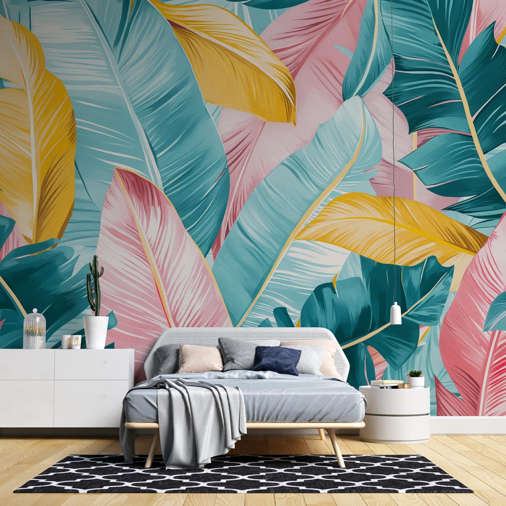 Papel de parede folhas de banana | Grandes folhas rosa, amarelas e azu —  WonderMural, image size:1000x1000