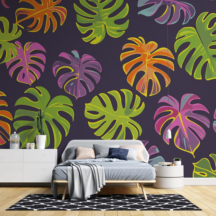 Mural Wallpaper monstera | Multicolored monstera leaves on purple background