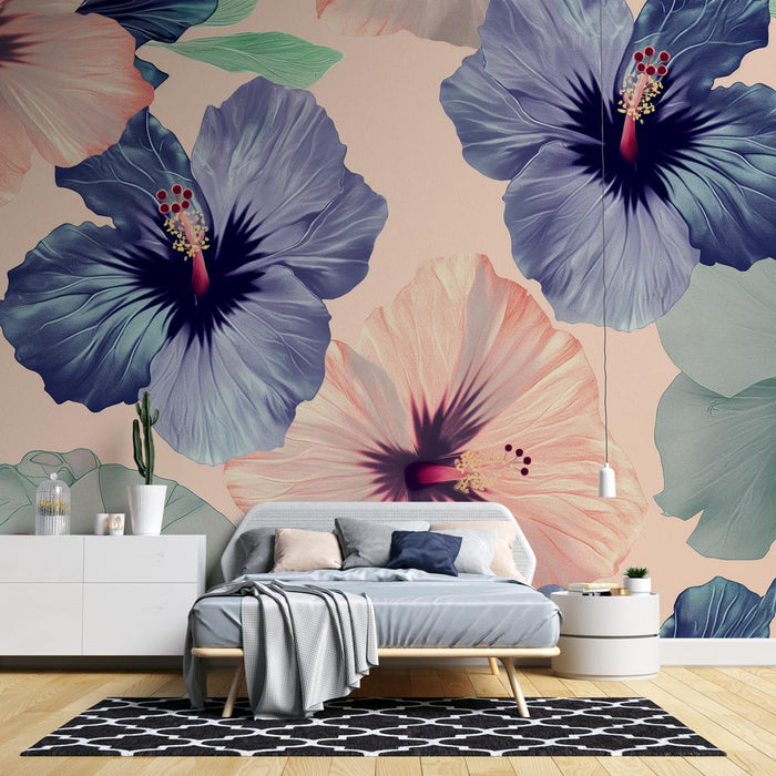 Falfestmény tapéta hibiszkusz virágok | Lila háttér és nagy színes virágok