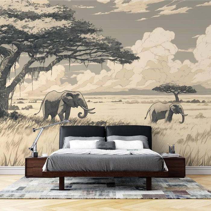 Elefant Distressed Effect Mural Wallpaper | I savannen