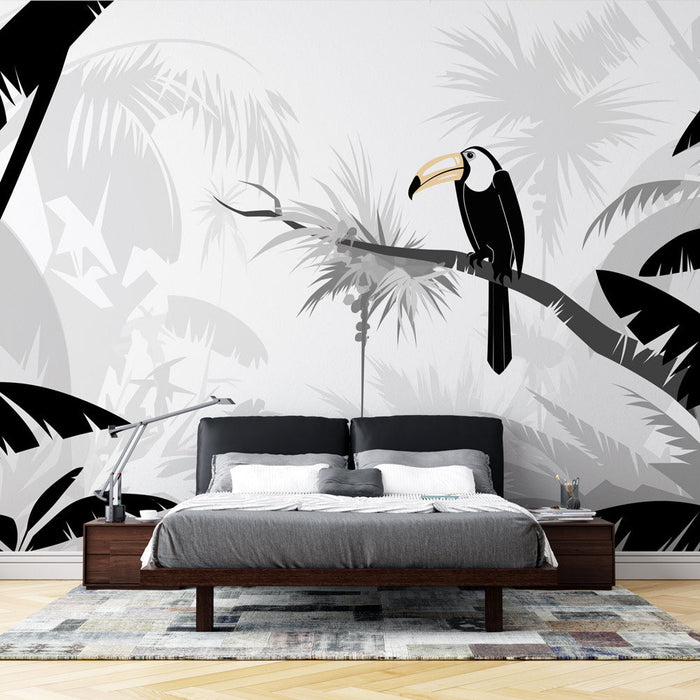 Papel pintado tropical en blanco y negro | Tucán