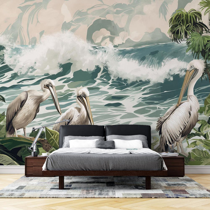 Mural Wallpaper bird | Pelicans at the edge of the waves