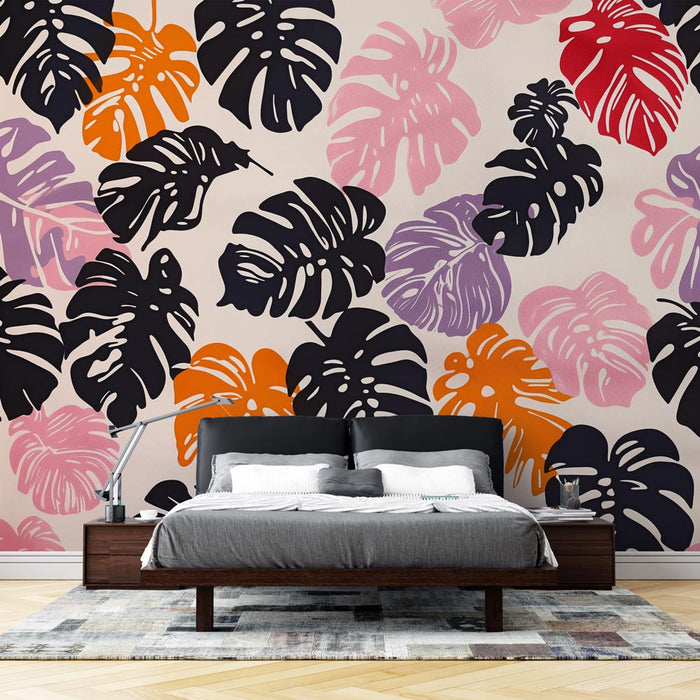 Mural Wallpaper monstera | Small multicolored leaves on light background