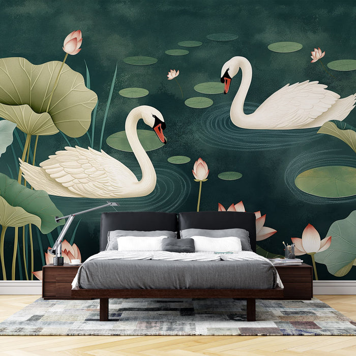 Mural Wallpaper bird | Swans in painting in their pond