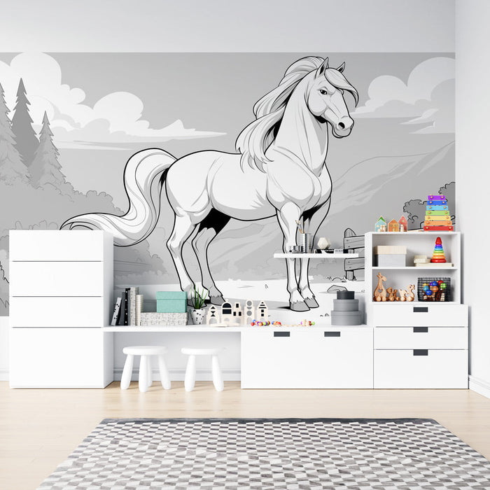 Mural Wallpaper coloring | Majestic horse in its enclosure