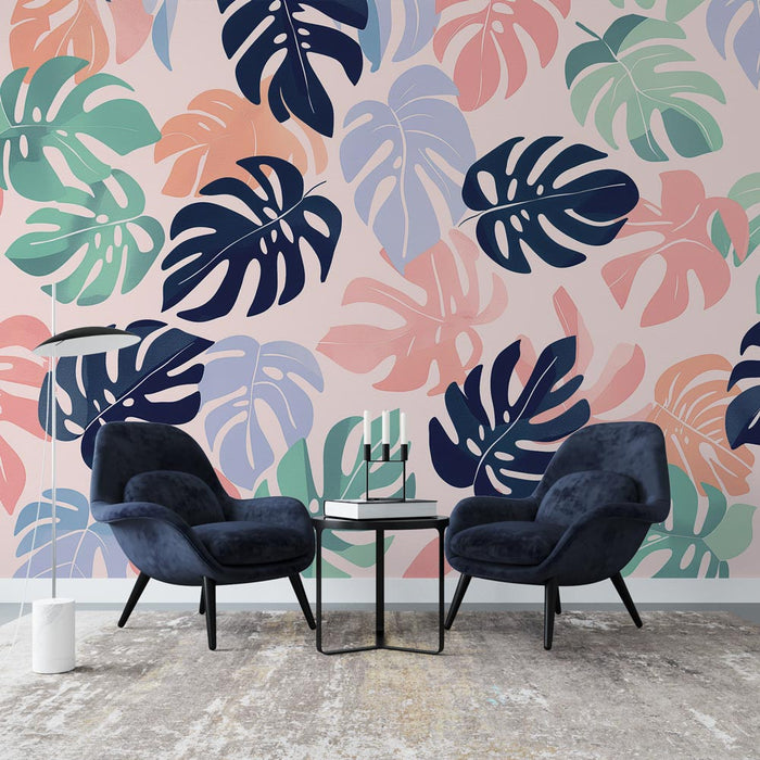 Mural Wallpaper monstera | Pastel monstera leaf drawing