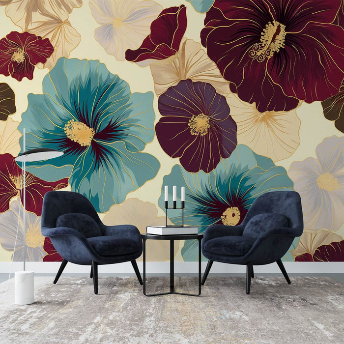 Ταπετσαρία τοίχου λουλούδια ιβίσκου | Vintage στυλ με χρυσές πινελιές