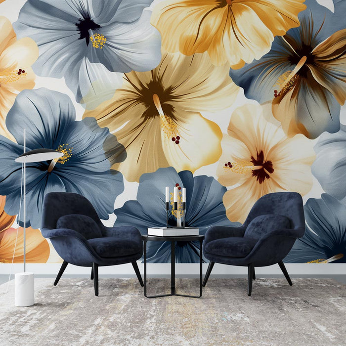 Muraaltapeet hibiskuseõied | Vintage sinise, halli ja kulla vahel