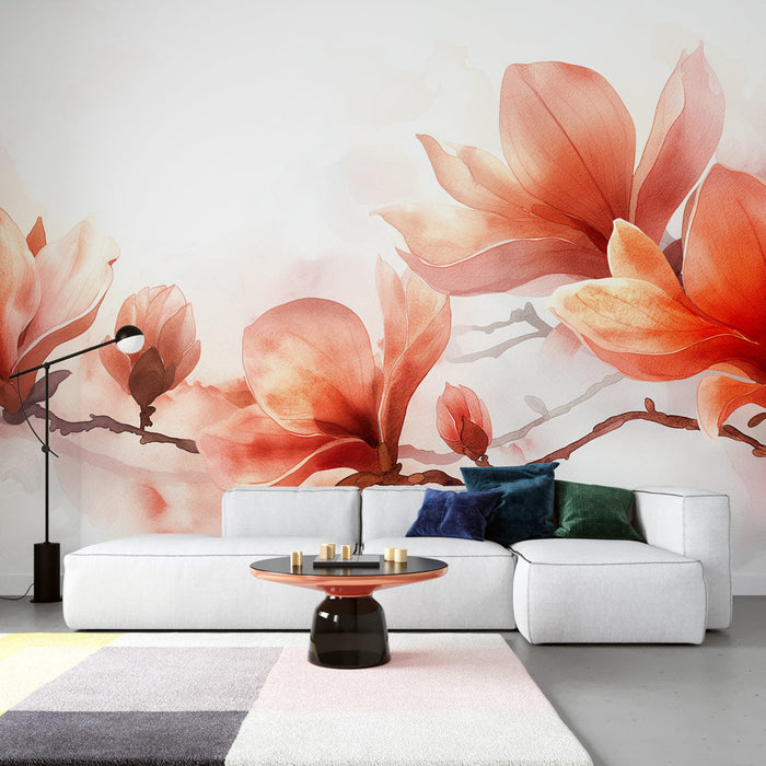 Floral Wallpaper | Magnolias in Painting on White Background