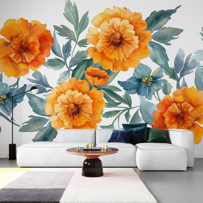 Floral Wallpaper | Orange Marigold and Green Leaves