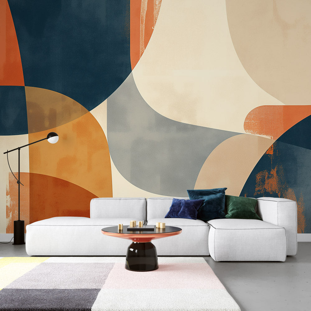 Abstract Mural Wallpaper | Modern Curves in Mustard and Navy main image 1