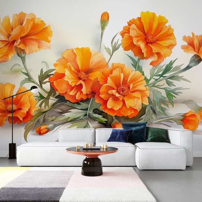 Floral Wallpaper | Orange Marigold and White Background