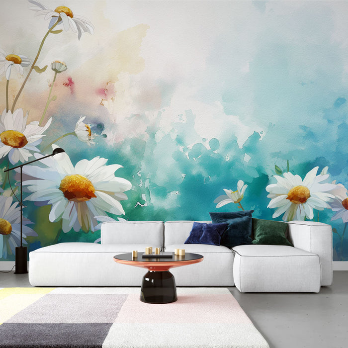 Floral Wallpaper | Daisies in Painting and Blue Background