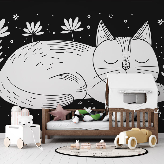 Mural Wallpaper coloring | Sleeping cat in black and white drawing