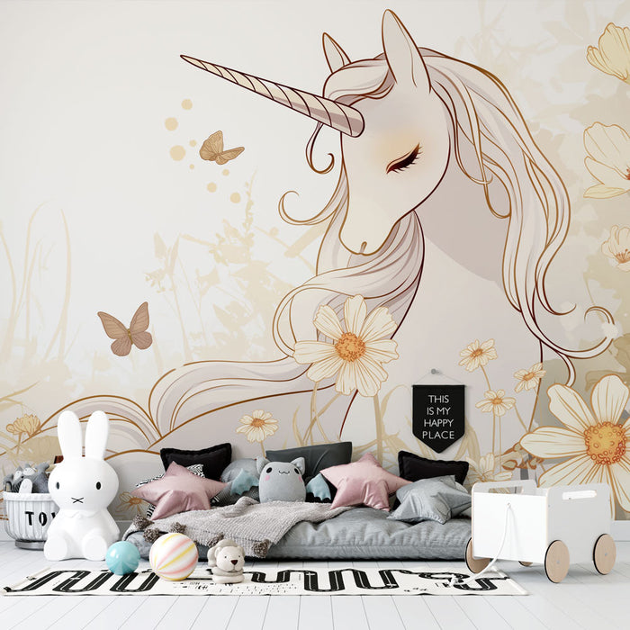 Unicorn Mural Wallpaper | White and Gold