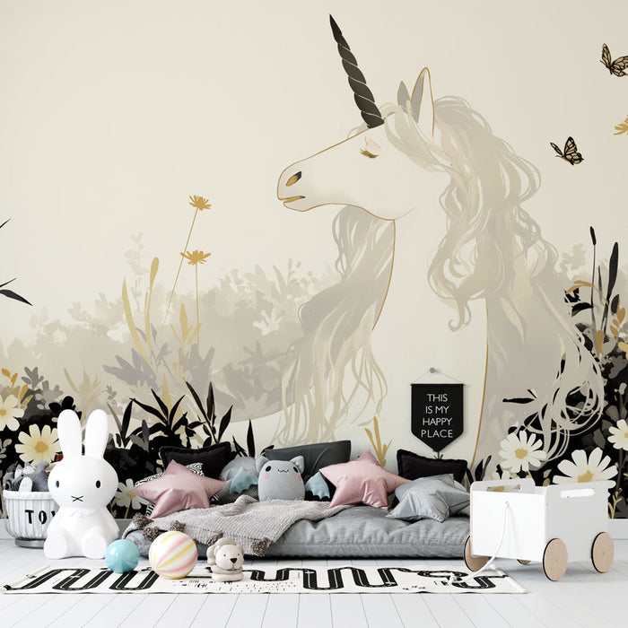 Unicorn Mural Wallpaper | Black Gold and White