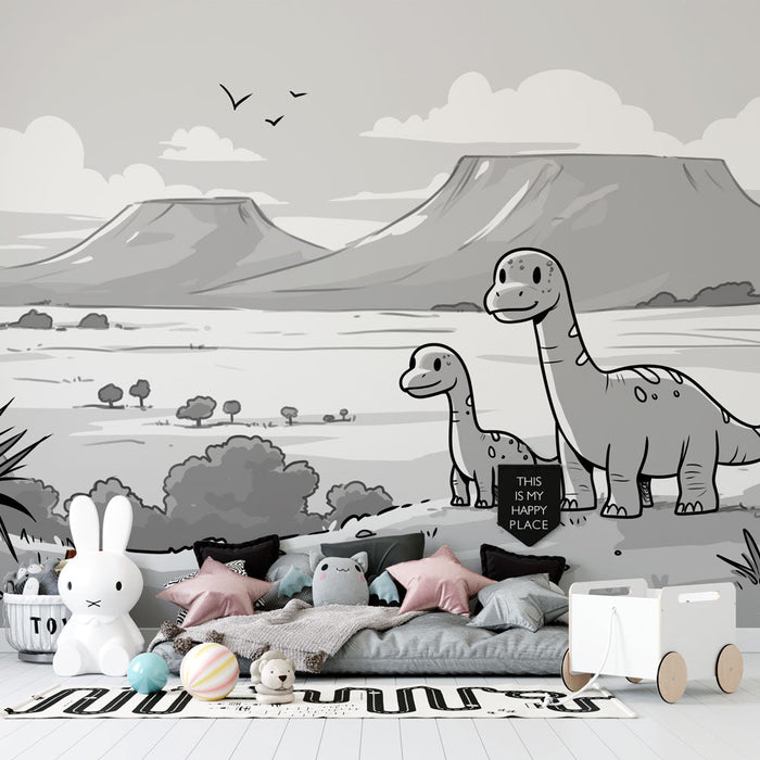 Papel pintado de dinosaurios | Bebés dinosaurios en un dibujo en blanco y negro