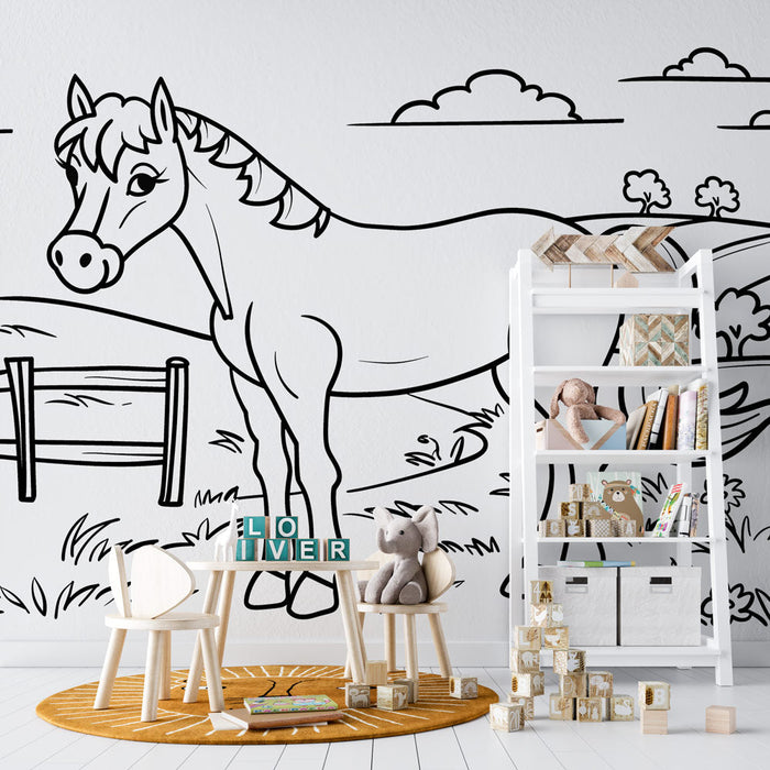 Mural Wallpaper fargelegging | Barnslig tegning hest