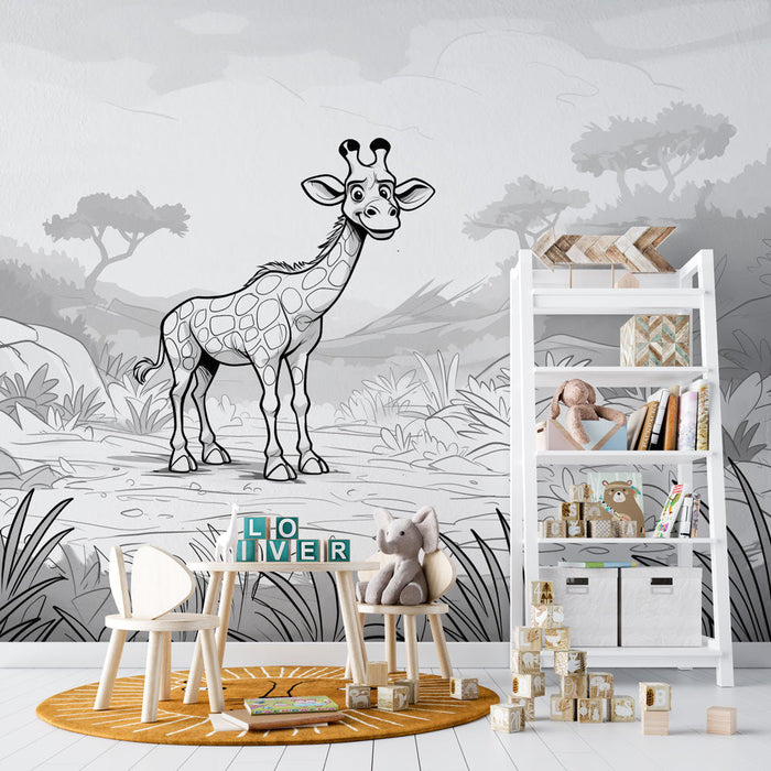 Mural Wallpaper coloring | Little giraffe in the savannah