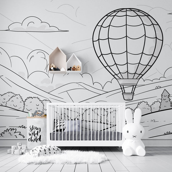 Mural Wallpaper coloring | Hot air balloon over the fields