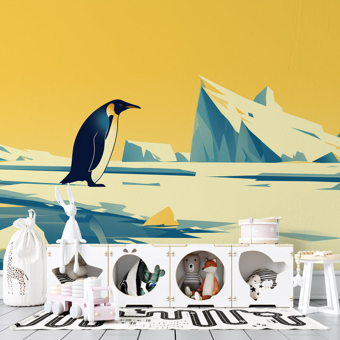 Penguin Mural Wallpaper | Iceberg and Yellow Background