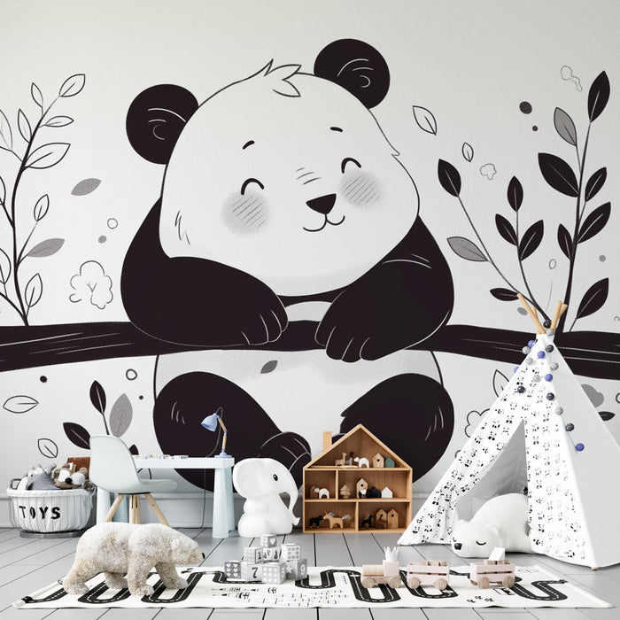 Mural Wallpaper coloring | Funny panda hanging on its branch