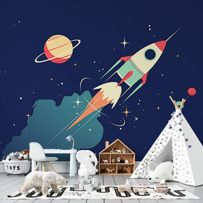 Space Mural Wallpaper | Rocket on Dark Blue Background